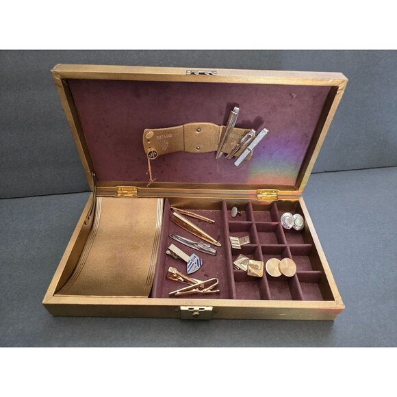 Vintage Lot Mens Tie Bar & Tie Tack In Gold Case - Picture 1 of 11